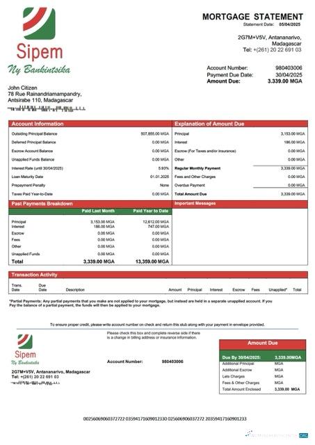 Download Madagascar SIPEM Banque mortgage statement Word and PDF template Photoshop template